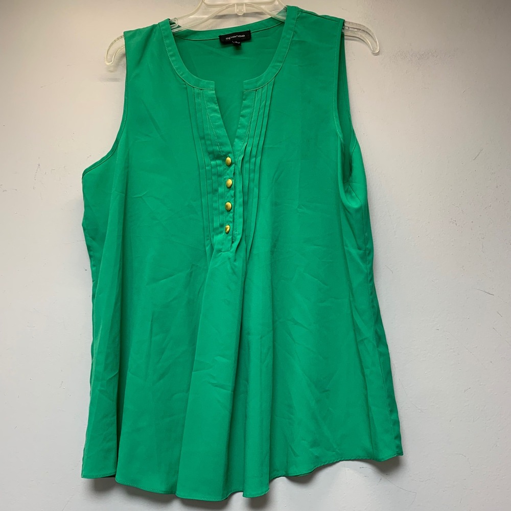 Spense Blouse Womens Large Green Excellent Pleated V-Neck Gold Button Tank Top